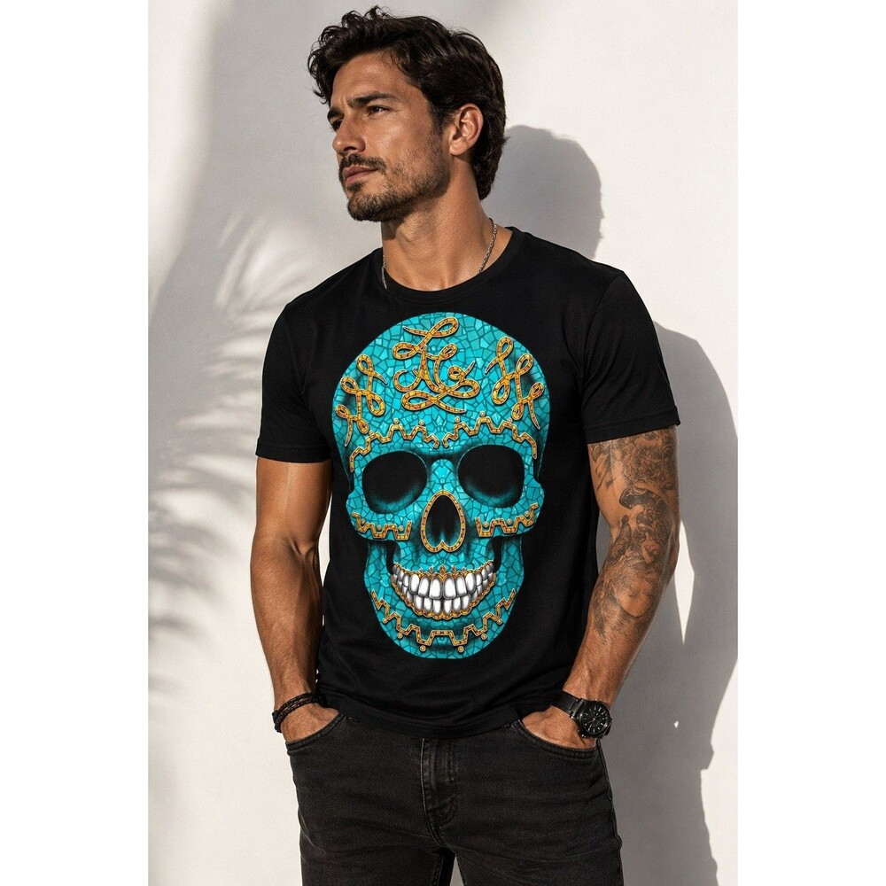 Ay Guey Mexico Mosaic Sugar Skull Graphic T Shirt Dia De Los Muertos Black Men L